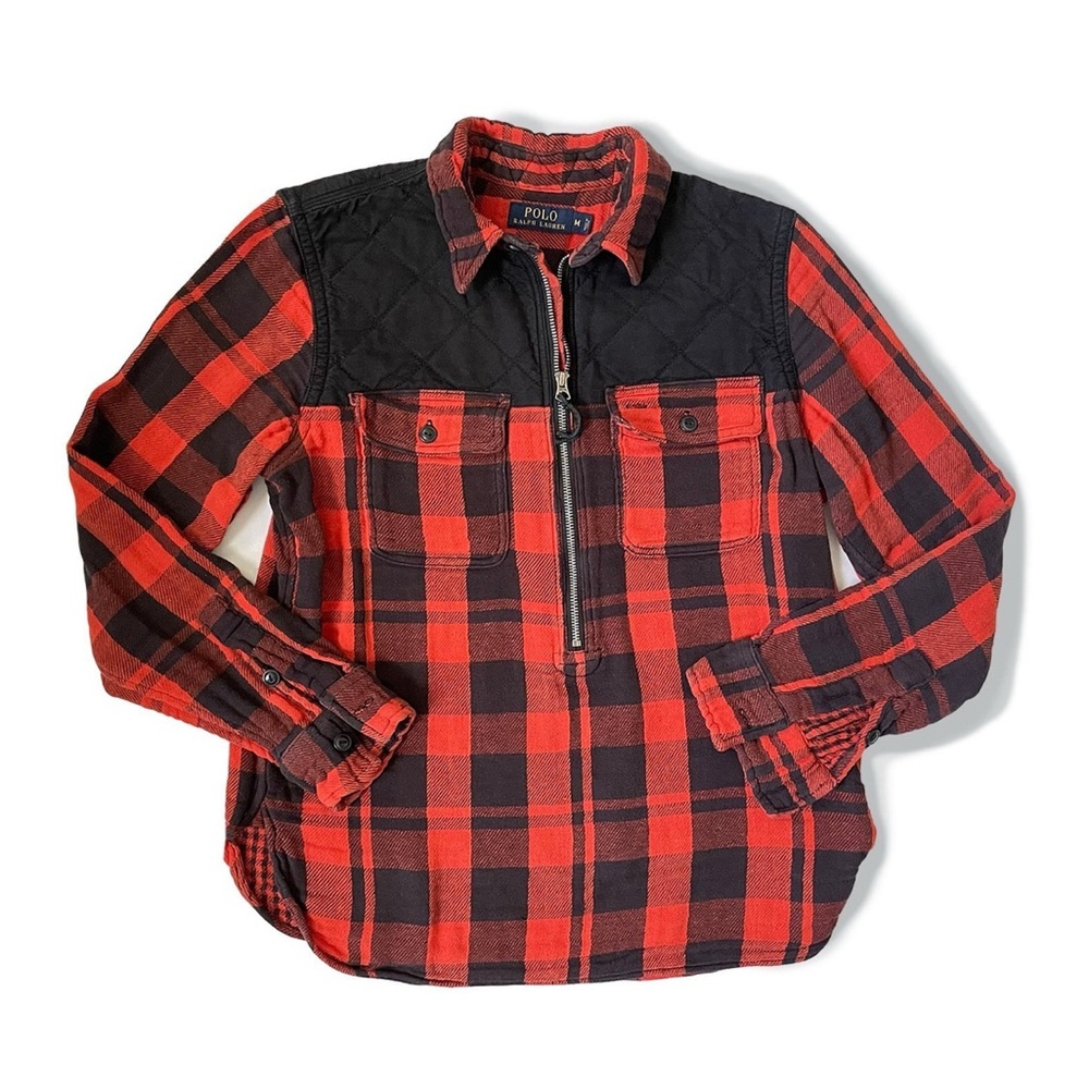 POLO RALPH LAUREN Flannel Pop Over Half Zip Plaid Buffalo Check Quilted M